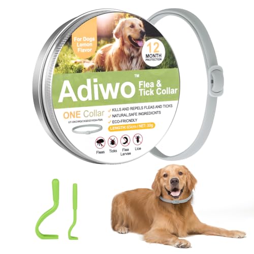 Adiwo Collar Antiparasitario Perros, 12 Meses Eficacia Collar Antipulgas Perros con 2PCS Pinzas para Garrapatas, 65cm Tamaño Ajustable Impermeable, contra Garrapatas, Piojos y Mosquitos para Mascotas