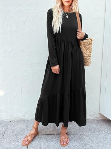 Image of Mieazom Women's Long Sleeves Maxi Dress Casual Loose Tiered Flowy Swing Beach Long Dresses with Pockets