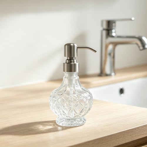 Image of Glass Soap Dispenser Embossed Diamond Bottle, Brushed Nickel Pump