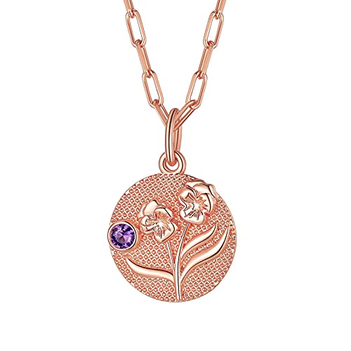 Suplight Collier Femme Fleur d'anniversaire de Douze Mois + série de Pierres Ronde Fleur en Relief en Trois Dimensions cuivre avec Chaîne 2x5mm de Large 46cm+5cm de Longueur février Améthyste Cover