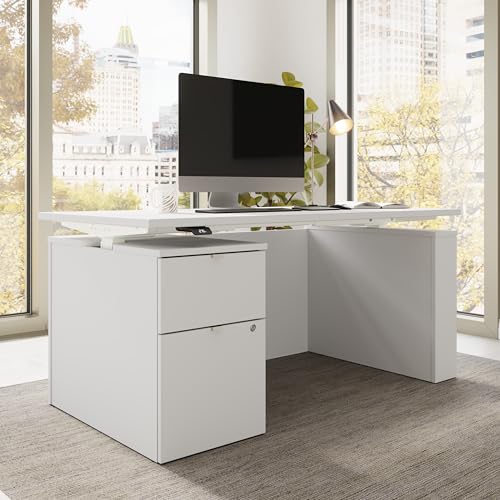 Image of Bush Business Furniture 60-inch Electric Height Adjustable Standing Desk with File Cabinet, Ergonomic Sit-Stand Computer Table for Office, Stratus Collection, White with White Base
