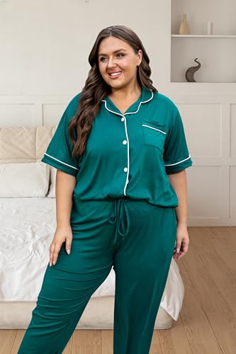 Image of Vozanet Women's Plus Size Pajamas Button Down Shirt and Pants Soft Lounge Sets Bride Nighty Bottom with Pockets 1x to 5x
