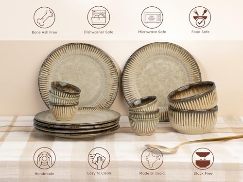 Image of Bodhi House Premium 20-Piece Stoneware Dinner Set Serving for 6 - Handcrafted Ceramic Plates, Bowls & Serving Bowls | Microwave & Dishwasher Safe | Elegant Modern Tableware Crockery Rustic Sand Beige