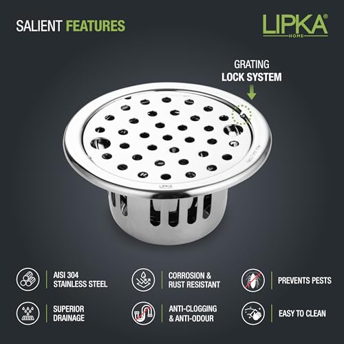 Image of LIPKA Round Floor Drain |304-Grade Stainless Steel |5 Inches| with Cockroach Trap /Jali & Lock|