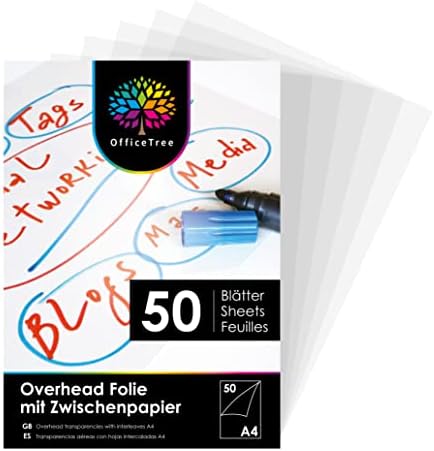 OfficeTree 50 Inkjet Acetate Sheets A4 - Inkjet Transparency Film A4 - Overhead Projector Sheets - for Optimal Printing and Projection Quality - OHP Transparency Sheets