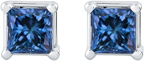 Blue - I1 Princess Cut Diamond Earring Studs in 14K Gold