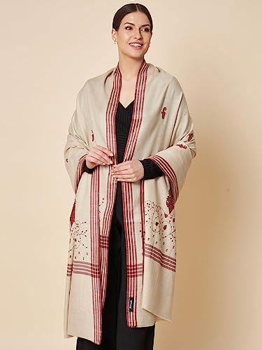 Image of Pashtush Womens Woollen Shawl, Kashmiri Embroidery Design Design, Taupe
