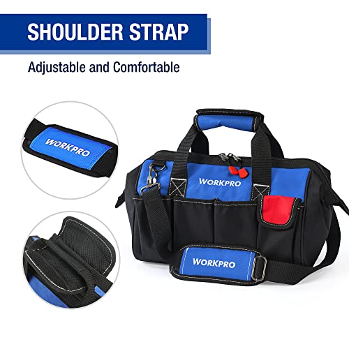 WORKPRO 14-inch, Small Tool Bag Organiser, Multi-Purpose Wide Open Mouth Storage Bag, Waterproof Electricians Tool Bag with Adjustable Shoulder Strap