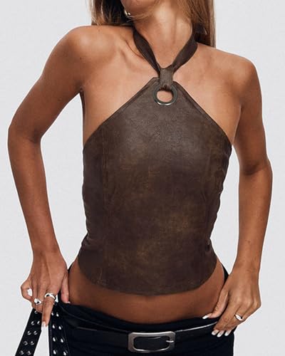 Women Y2K PU Leather Backless Ring Halter Tank Top Trendy Sleeveless Off Shoulder Lace Up Back Crop Cami Clubwear2