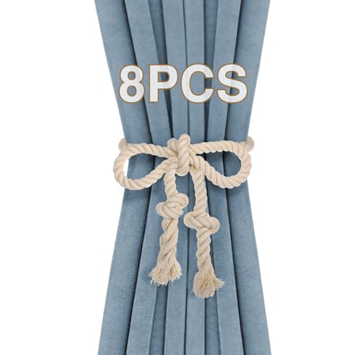 8 Pcs Hand Woven Curtain Tiebacks No Drilling - Boho Drape Holdbacks Rope for Black Blue Light Color Curtains, Decorative Ties for Outdoor Yard Garden Farmhouse Drapery, Beige