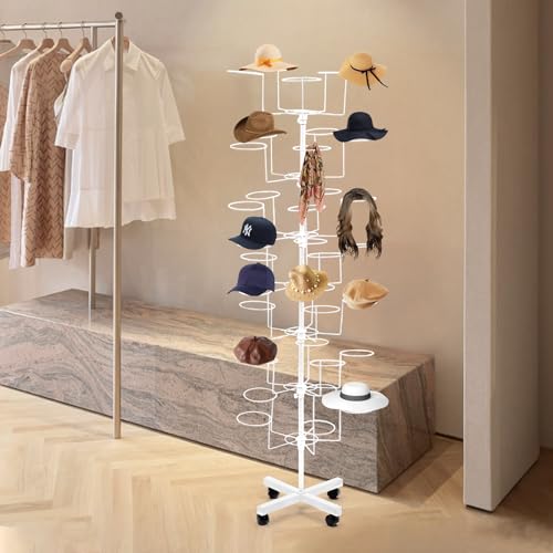 Freestanding Rotating Hat Display Rack Stand with 35 Hooks Hat, 7 Tiers Hat Holder Storage Organizer with Wheels, Floor Stand Display Holder Headwear Retail Store Black Hat Wig Cap Hanger Rack (White)