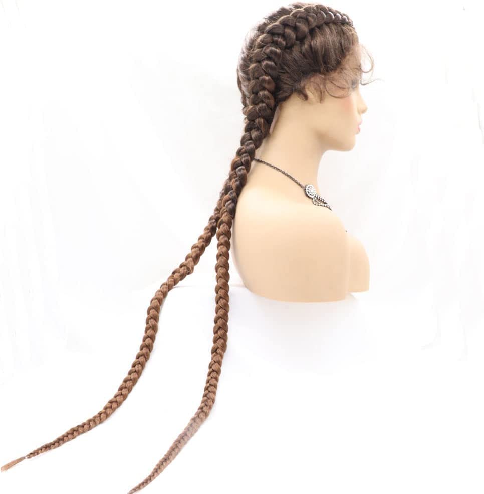 Xiweiya 32" Braided Copper Brown Lace Braid Wig 2 Double Twist Braided Add Human hand Crochet Golden Brown Lightweight Synthetic Hair Wig Natural Hairline for Black Women - Image 3