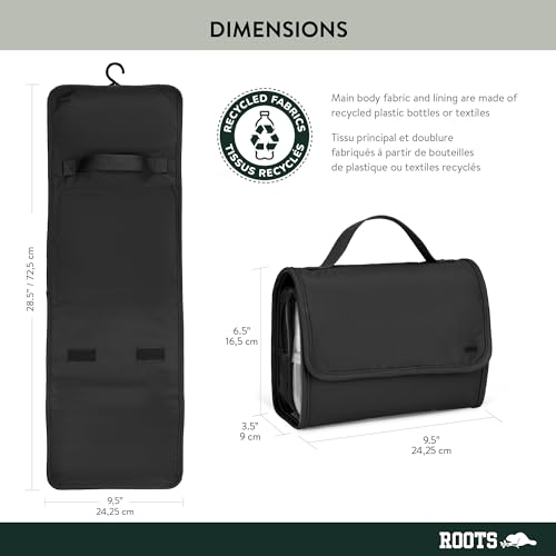 ROOTS Hanging Toiletries Bag for Travel – Foldable with 4 Zippered Compartments, Wet Pocket, Double Closure, Made from Recycled Fabric – Black by Roots - Image 3