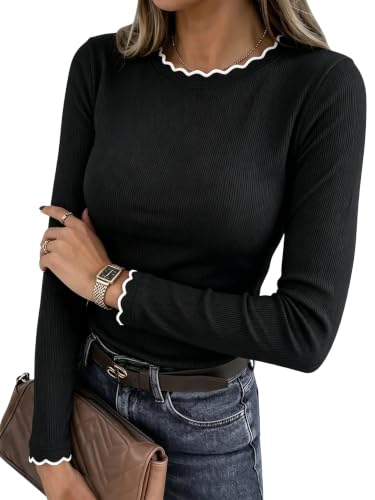 Women's Ribbed Knit Scalloped Long Sleeve Top