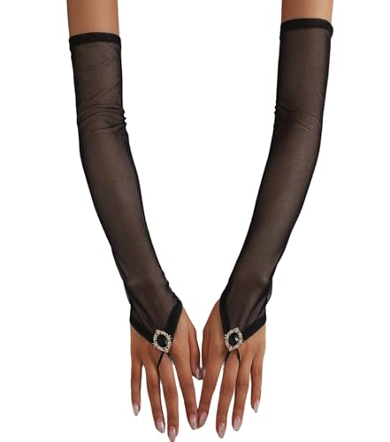 Amazleer Mitaines longues en tulle transparent pour femme, pour mariage, mariage, opéra, fête, costume d'Halloween, Pierre précieuse noire, taille unique