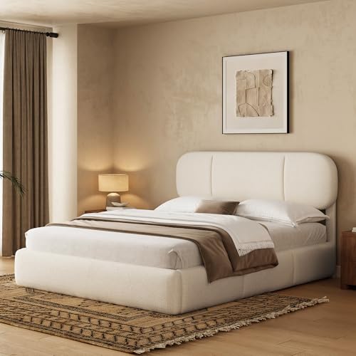 Queen Size Bed Frame with Storage, Boucle Cloud Bed with 4 Locking Drawers & LED Lights, Modern Upholstered Platform Bed, Plush Sides & Footboard, Adjustable Headboard, No Box Spring, Beige