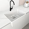 KARAMAG 24 Inch Farmhouse Kitchen Sink with Bottom Grid and Strainer, White Single Bowl Kitchen Sink Apron Front Ceramic Farm Sinks for Kitchens