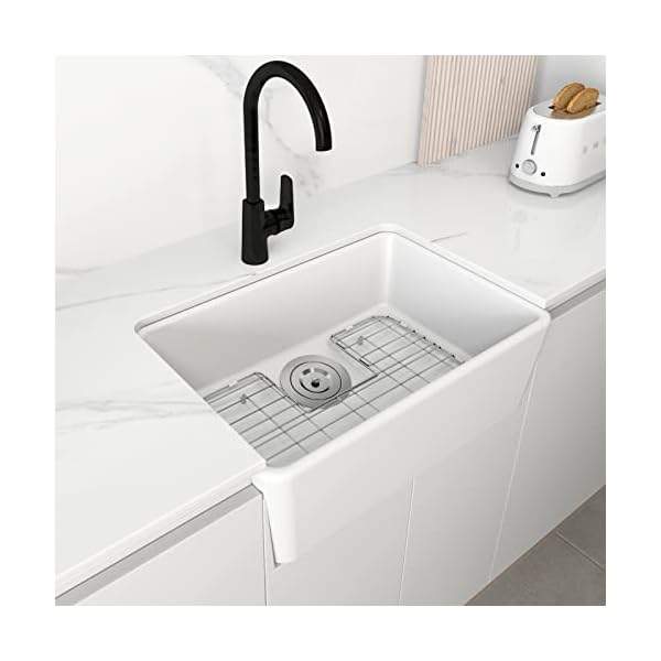 KARAMAG 24 Inch Farmhouse Kitchen Sink with Bottom Grid and Strainer, White Single Bowl Kitchen Sink Apron Front Ceramic Farm Sinks for Kitchens
