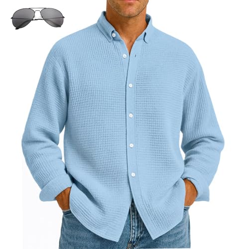 Pacificozy Men's Casual Solid Color Waffle Button Long Sleeve Shirt for Commuting, Leisure