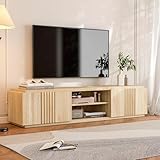 BELLEZE 70' Fluted TV Stand for TVs up to 75', Media Entertainment Center Console Table w/ Oversize Drawers and 2-Tier Open Shelves, Wood Storage Cabinet for Living Room, 15'D x 70'W x 16'H-Mint(White
