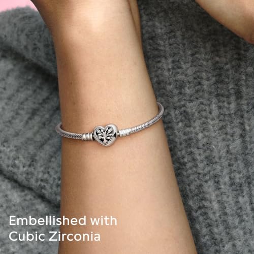 PANDORA Snake Chain Sterling Silver Bracelet And Heart Clasp, Size 19 cm - Image 8