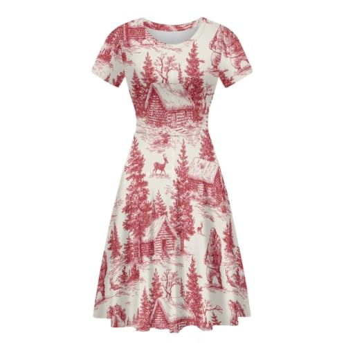 Image of POLERO Women Puffy Swing Elegant Party Midi Dresses Short Sleeve Round Neck A-Line Dress