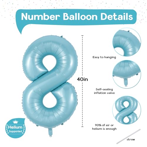 Image of 8th Birthday Number Balloons for Kids, 40 Inch Foil Number 8 Balloons Baby Pastel Blue, Helium Large Self Inflating Mylar 8 Balloons for Boys 8th Birthday Party Decor Anniversary Decoration Supplies