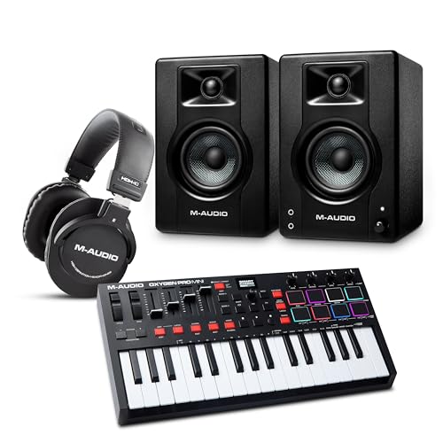 M-AUDIO Oxygen Pro Mini MIDI Controller Bundle with BX3 Pair Studio Monitors and Headphones for Studio Recording, Music Production, Podcasting, Streaming