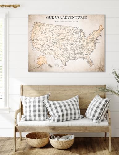 Image of IPIC - Vintage Push Pin USA Map Canvas Wall Art, Oversized Travel Map Print Wall Decor for Home, Study, Office or RV, Push Pin Board Decor for Travel Lovers, Ready to Hang