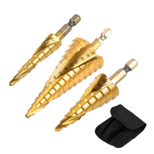 3 PCS Broca Escalonada Cónica HSS con Recubrimiento de Titanio 4-12/20/32mm Vástago Hexagonal Brocas para Metal Fresas para Metal para perforar acero madera latón aluminio y PVC(Dorado)