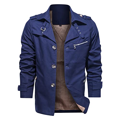 Maiyifu-GJ Men Trench Coat Single Breasted Slim fit Notch Lapel Long Jacket Lightweight Casual Button Down Windproof Overcoat (Blue,5X-Large)