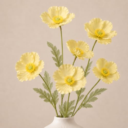 Image of CURATED CART Artificial Flowers Bunch of 2 Poppy Yellow Flowers, 70cm Real Touch Fabric Flowers with Stems, 4 Blooming Heads, Fake Flowers for Home Decor, Party, Wedding, Party Decorations