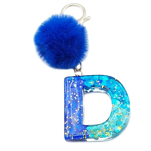 Xsclpomddy Llavero con letras del alfabeto de las niñas, bonito llavero con pompones con pompones, borlas, resina azul, llavero para bolso encanto, D, Talla única
