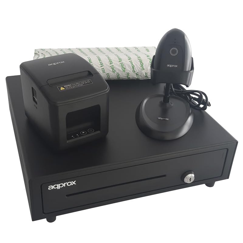 Approx Pack TPV CAJÓN+Impresora+Lector CÓDIGOS Barras+Paquete 8 Rollo 80X60 (CASH01+POS80AM-USB+LS11AS+PAQ.8 Rollos 80X60, Negro)