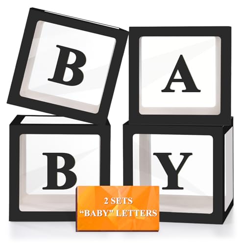 Image of Ledido Baby Boxes with Letters for Baby Shower Decorations, 4 pcs Clear Balloon Boxes with Letters for Boys Girls Gender Reveal Decorations Birthday Wedding Backdrop Party (Black)