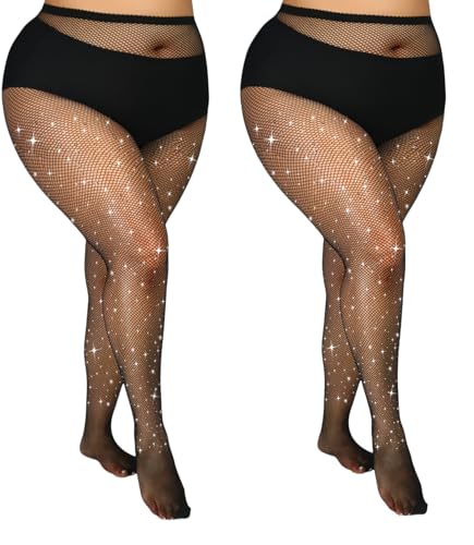 Image of Plus Size Fishnet Tights Sparkle Stockings Glitter Pantyhose High Waist Fine Mesh Stockings Value Pack of 2