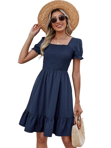 Image of Lyrur Women's Short Sleeve Summer Dresses 2026 Spring Casual Square Neck Easter Dress A-Line Tiered Sundress with Pockets