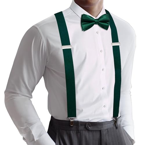 Image of Barry.Wang Men Suspender Set with Necktie Elastic Y Type Heavy Duty 6 Clips Braces Tie Handkerchief Cufflink Pin 6PCS