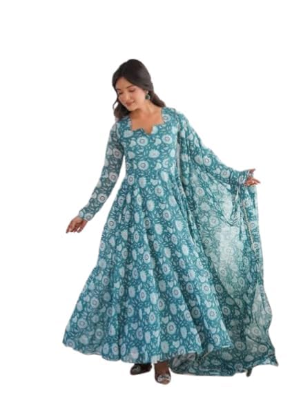 Women Teal Green Floral Printed Anarkali Gown with Matching Dupatta | Full Length Festive, Casual & Ethnic Dress for Women-image-47