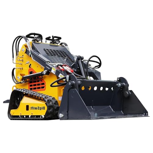 DigMaster Mini Track Skid Steer Loader, 24HP Gas Engine, 4-in-1 Bucket Included, Triple Pump Triple Valve Hydraulic System, Stand-On Compact Track Loader for Landscaping, Farming&Construction (yellow)