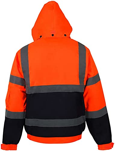 H&F Girl ®Men’s Hi Viz Contractor Bomber Jacket Two Tone Patched Waterproof Storm Jacket Safety Workwear Security Wear Visibility Reflective Tape Warm Work Wear 300D Oxford PU Fabric Jacket Size S-3XL (Small, Orange Navy)