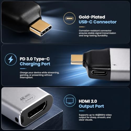 Image of HDMI to USB C Converter with PD 3.0 Charging, 2-in-1 Type-C Male to HDMI 2.0 Female Adapter, 4K@60Hz 3D Video Output Connector for MacBook, Dell XPS, Lenovo, iPad Pro, Surface, Laptop & More