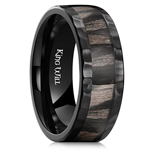 King Will 8mm Black Titanium Rings, Men's Wedding Rings Natural Mountain Wood Inlay Hammered Wedding Band for Men Women Comfort Fit and Durable, Size 10.5