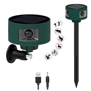 HULPPRE Solar Indoor&Outdoor Motion Sensor Alarm,Ultrasonic,360° Moton Detection,130db Noise Maker,4 Modes,Mount on Ground or Fence,Red Motion Activated Strobe Light,Say Goodbye to The Intruders