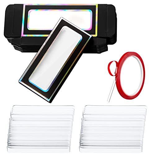 Crtiin 60 Pcs Empty Press on Nails Packaging Box Set 30 Clear Glitter Paper Eyelash Storage Box and 30 Acrylic Nail Display Stand Holder with 1 Red Double Sided Tapes for Salon Home Office