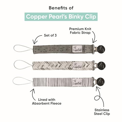 Image of Copper Pearl 3-Pack Pacifier Holders: Premium Knit Binky Clips for Baby Girls and Boys - Stylish Stainless Steel Design for Secure No-Drop Attachment - Ace