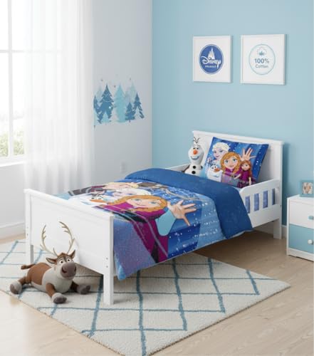Disney Frozen Toddlers Duvet Cover Set 100x135 cm with 40x60cm Pillowcase – Reversible Bedding Set for Girls & Boys – Soft Cotton Babies Bed Linen – Olaf, Elsa, Anna, Kristoff & Sven Design
