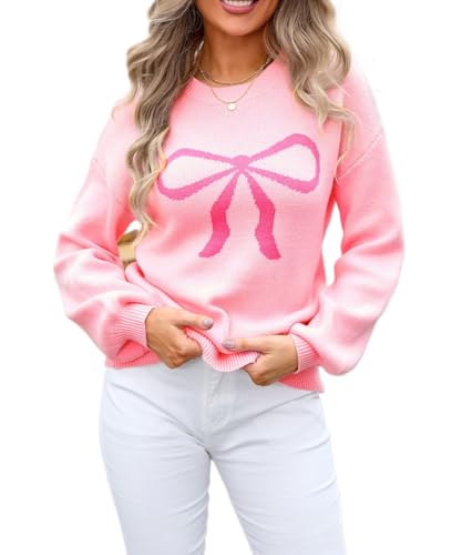 Sumleno Womens Fall Winter Casual Sweater Cute Bow Crewneck Long Sleeve Baggy Knit Sweatshirt Top Trendy Aesthetic Clothes