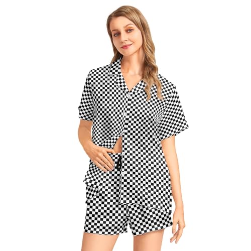 Image of Funny Pajamas for Women Set Print Satin Loungewear Pjs Short Sleeve Button Down Top and Shorts Sets Sleepwear XS-3XL