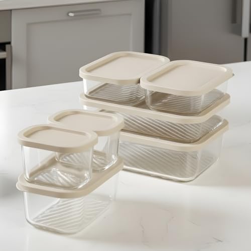 Image of Femora Borosilicate Glass Food Storage Containers with Lids Set of 7 (310ml x2, 520ml x2, 750ml, 1200ml, 1700ml) | Rectangular, Airtight & Leakproof | Microwave & Dishwasher Safe | Beige